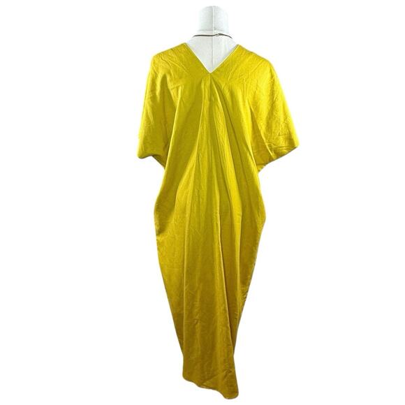 Zara Mustard Yellow Linen Blend Midi Dress | V-Neck Oversized Kaftan | XS - Picture 3 of 11